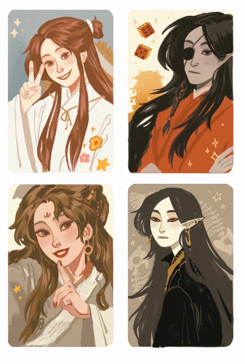xie lian, hua cheng, shi qingxuan, and he xuan (tianguan cifu) drawn by yaroslava_murashko