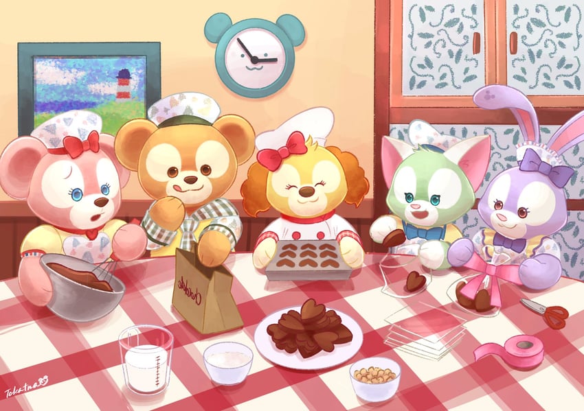 duffy the disney bear, shelliemay, stellalou, gelatoni, and cookieann (duffy and friends) drawn by takatmaorange