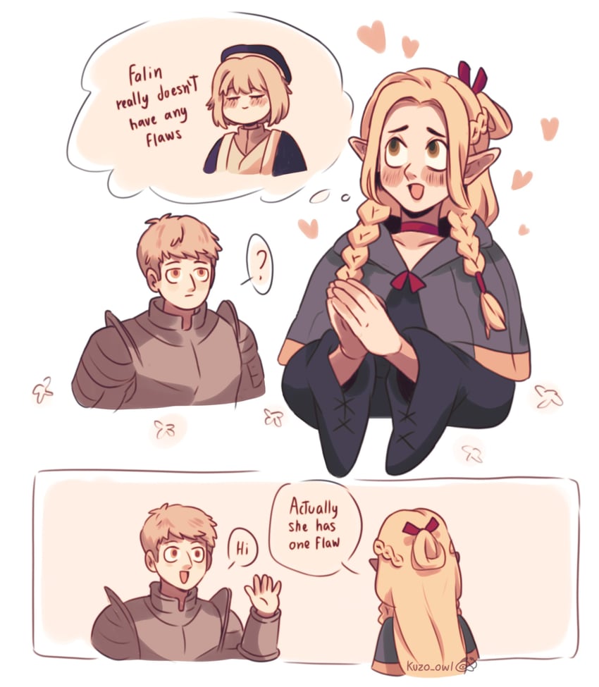 marcille donato, falin touden, and laios touden (dungeon meshi) drawn by kuzo_owl