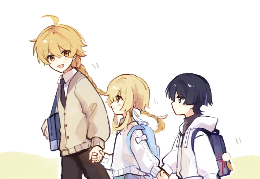 lumine, scaramouche, and aether (genshin impact) drawn by huhu_norii