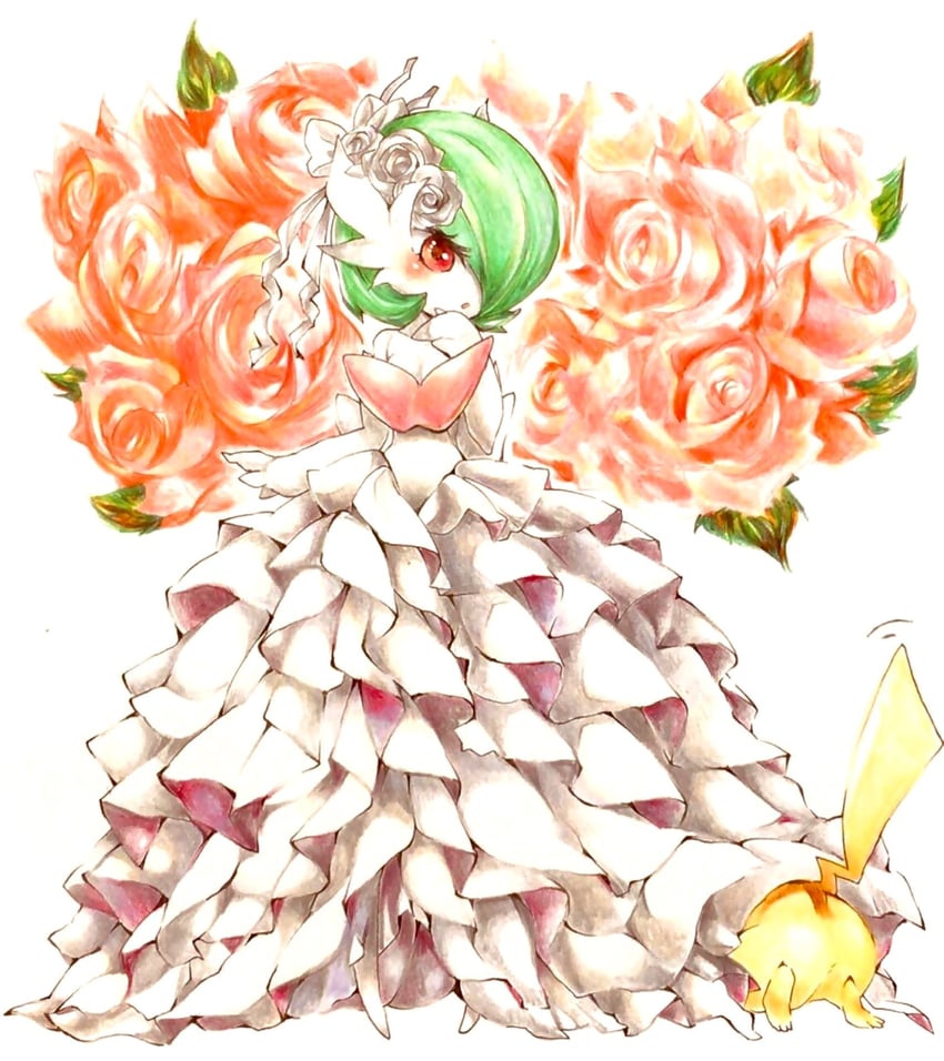 pikachu, gardevoir, and mega gardevoir (pokemon) drawn by mofu_(moffuri_sippo)