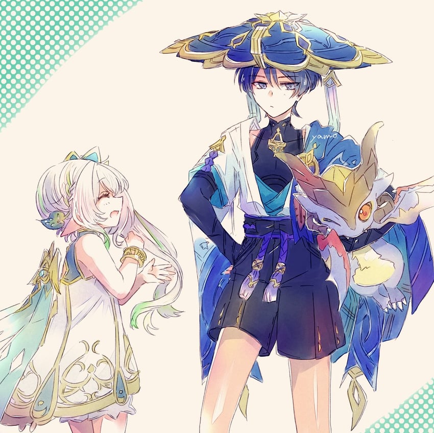 scaramouche, nahida, wanderer, and mini durin (genshin impact) drawn by yamo_(sky2world)