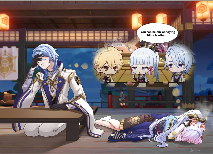 aether, kamisato ayaka, and kamisato ayato (genshin impact) drawn by luizhtx