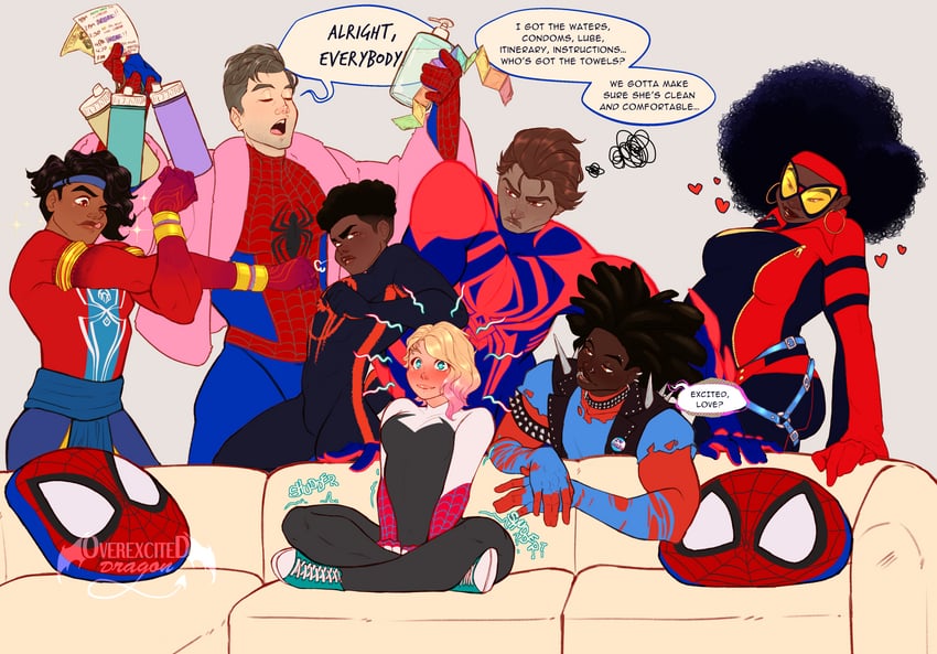 spider-man, spider-gwen, gwen stacy, miguel o'hara, miles morales, and 6 more (marvel and 3 more) drawn by overexciteddragon