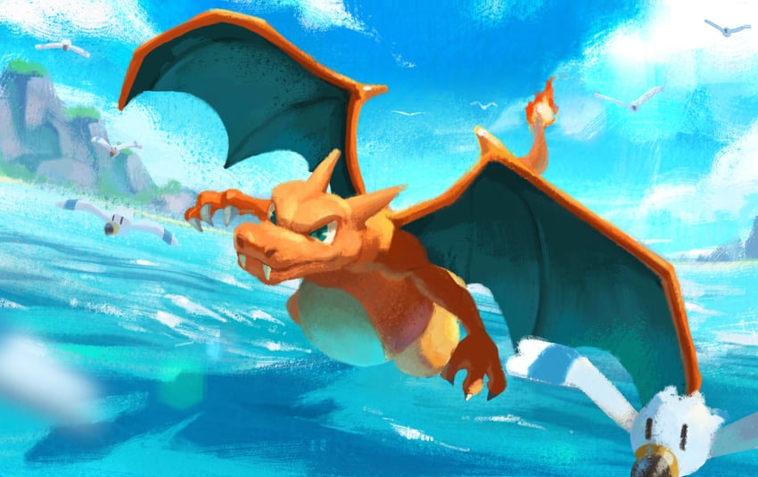 charizard and wingull (pokemon and 1 more) drawn by fujiwara_yoshito