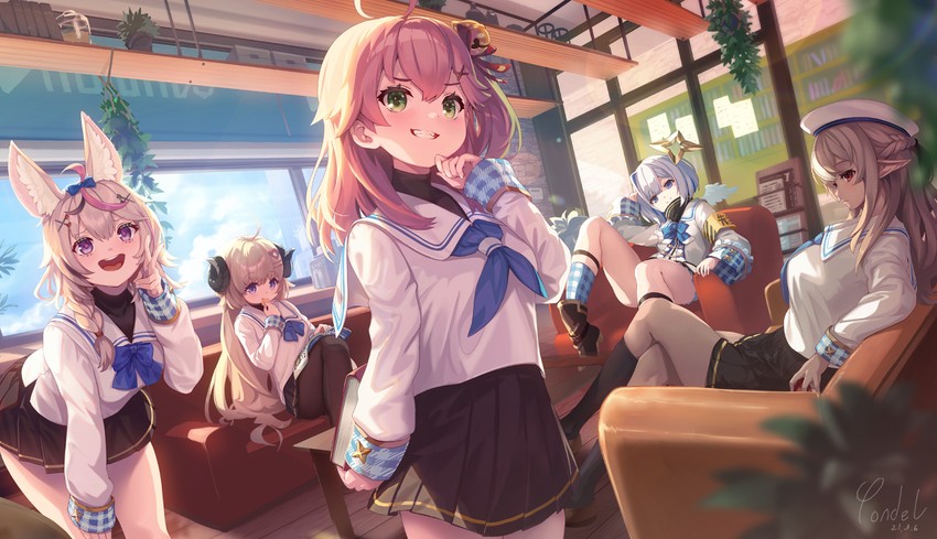 sakura miko, amane kanata, shiranui flare, omaru polka, and tsunomaki watame (hololive) drawn by pondel