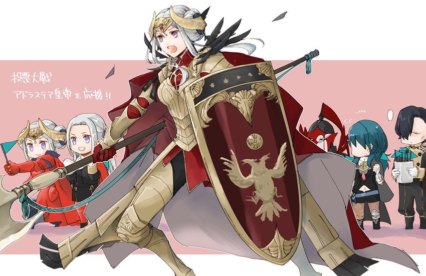 female byleth, edelgard von hresvelg, hubert von vestra, and flame emperor (fire emblem and 2 more) drawn by robaco
