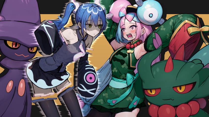 hatsune miku, magnemite, mismagius, ghost miku, flutter mane, and 1 more (pokemon and 3 more) drawn by hiraji