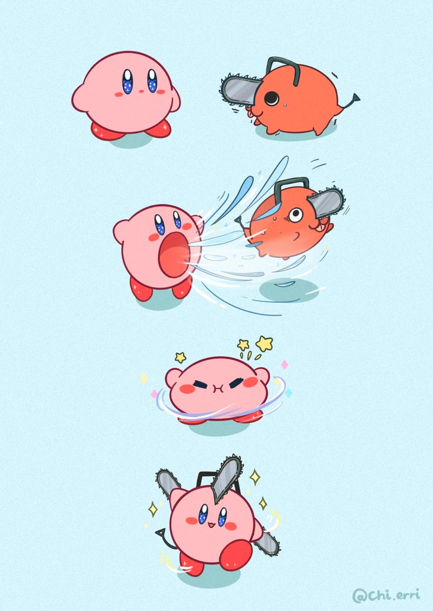 kirby and pochita (chainsaw man and 1 more) drawn by chierri_xo