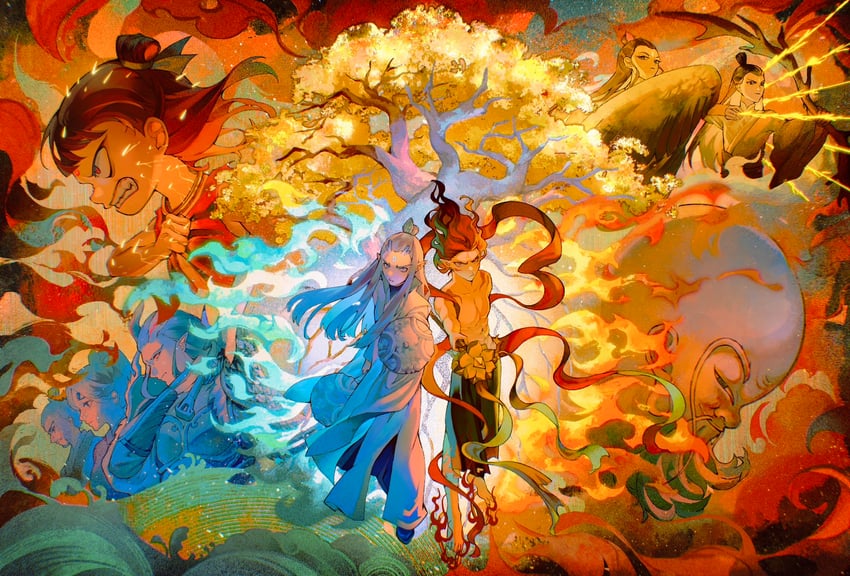 ao bing, nezha, ao guang, lutong, hetong, and 3 more (nezha zhi motong jiangshi) drawn by jiuminene