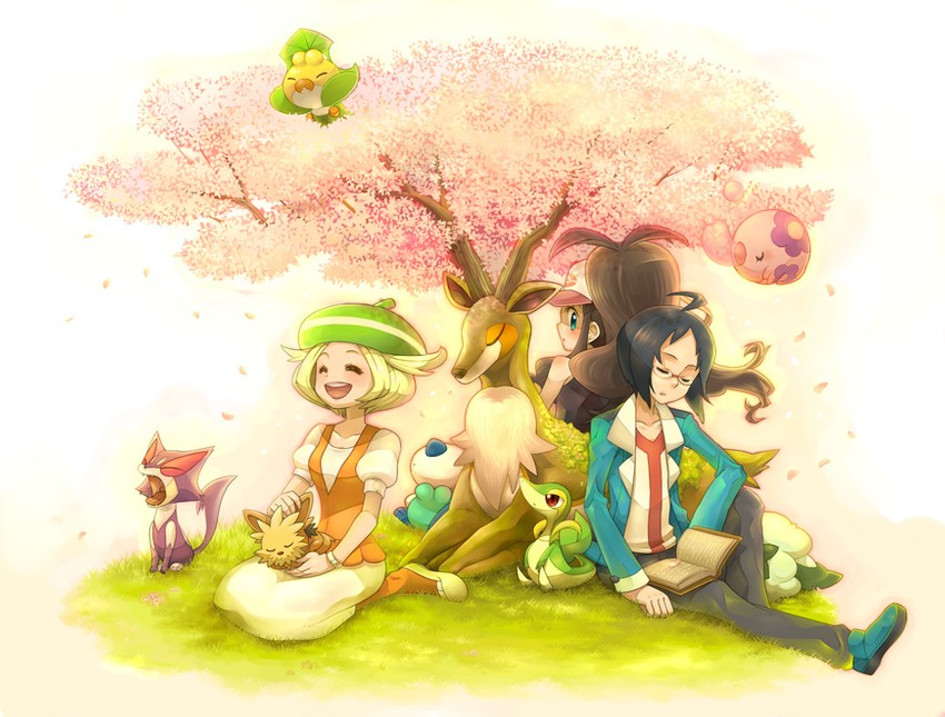 hilda, oshawott, snivy, bianca, cheren, and 6 more (pokemon and 1 more) drawn by sasairebun