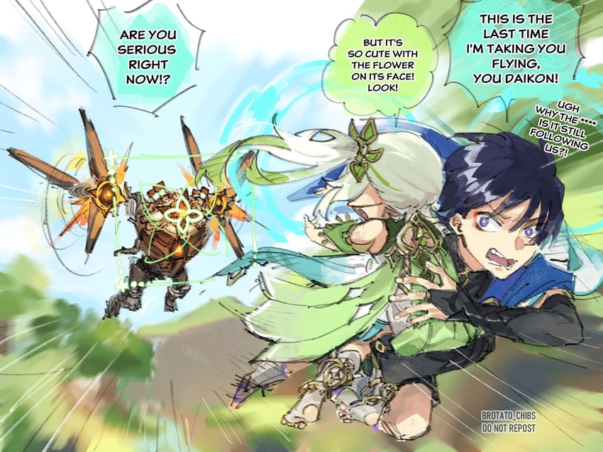 scaramouche, nahida, wanderer, and aeonblight drake (genshin impact) drawn by brotato_chibs