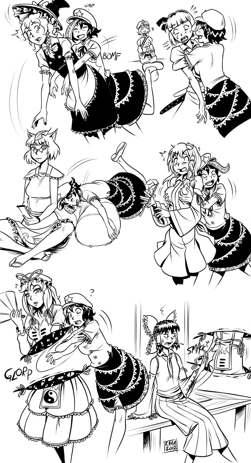 hakurei reimu, kirisame marisa, kochiya sanae, konpaku youmu, yakumo yukari, and 3 more (touhou) drawn by spidu