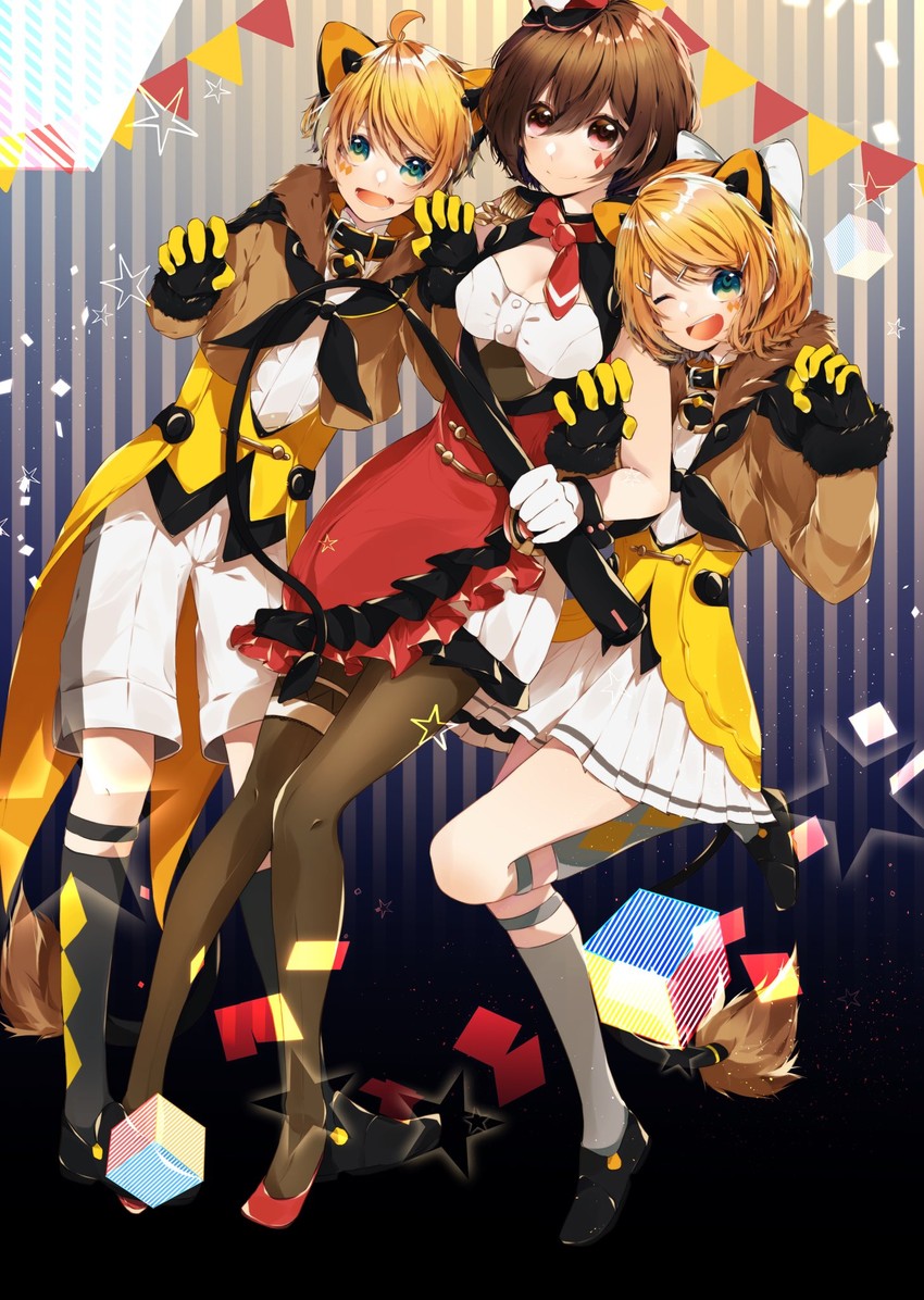 kagamine rin, kagamine len, meiko, magical mirai len, magical mirai rin, and 1 more (vocaloid and 1 more) drawn by manya_sora