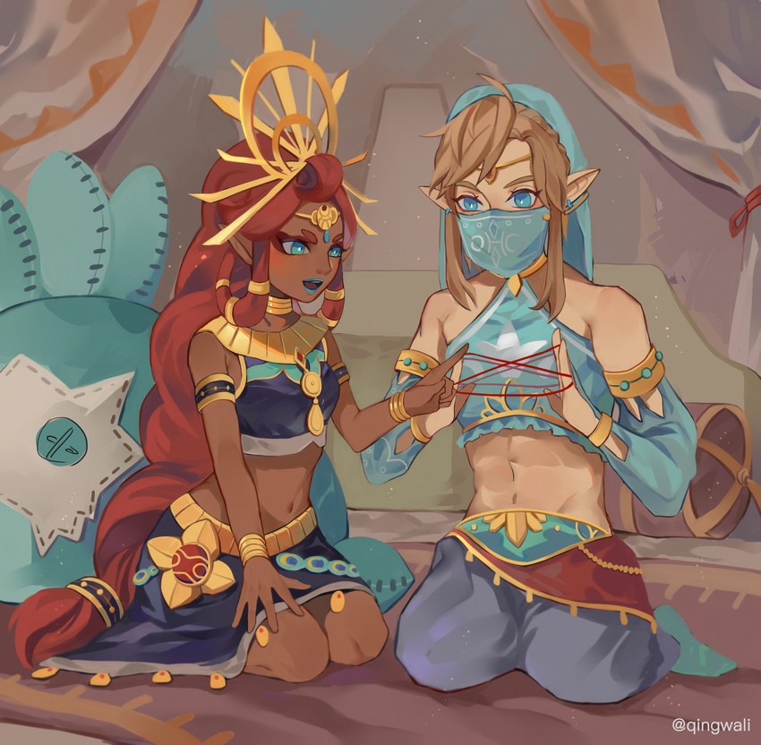 link, riju, and sand seal (the legend of zelda and 1 more) drawn by kaeru_(qingwali)