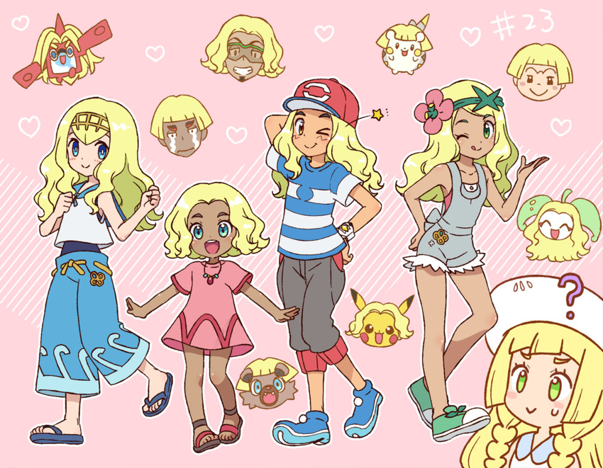 pikachu, lillie, ash ketchum, rotom, lana, and 9 more (pokemon and 1 more) drawn by okonomi