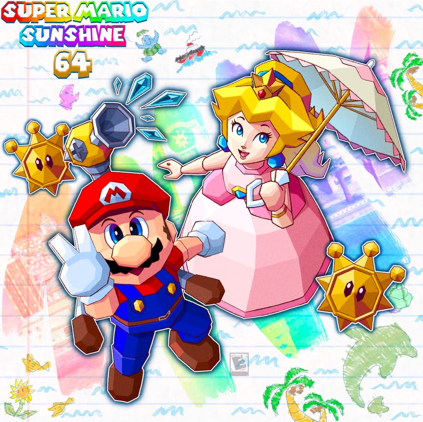 princess peach, mario, f.l.u.d.d., pianta, and sunflower kid (mario and 2 more) drawn by amyroser