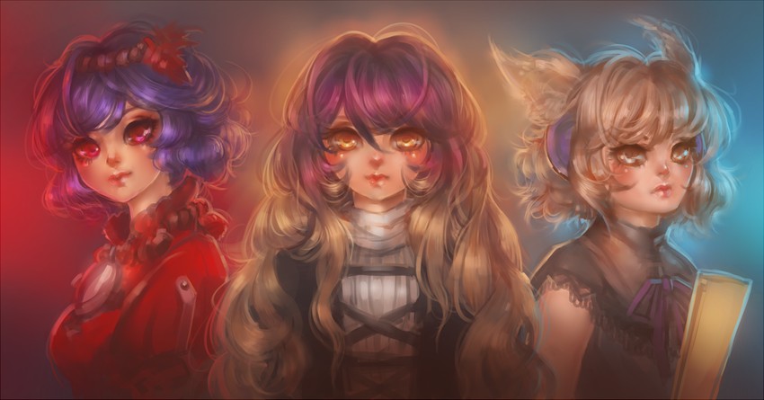 hijiri byakuren, yasaka kanako, and toyosatomimi no miko (touhou and 1 more) drawn by sheryth