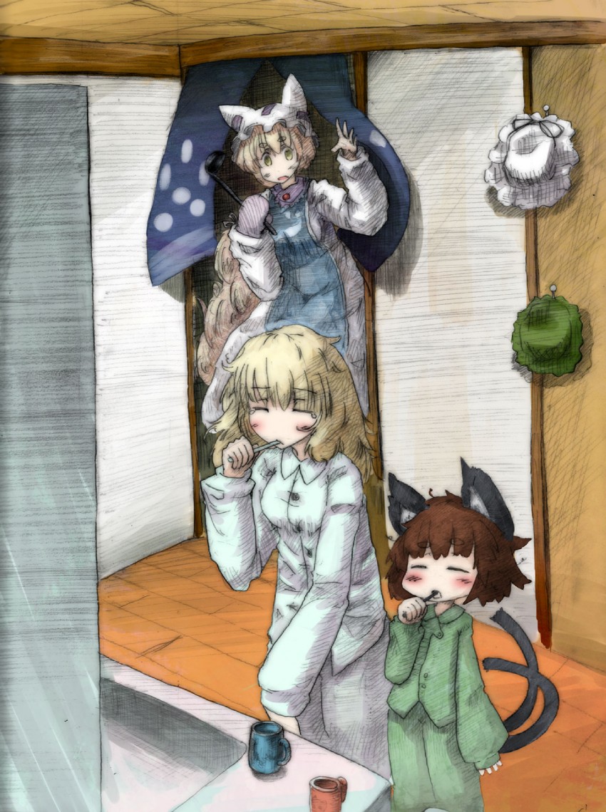 yakumo yukari, yakumo ran, and chen (touhou) drawn by daruia_(sabitare)