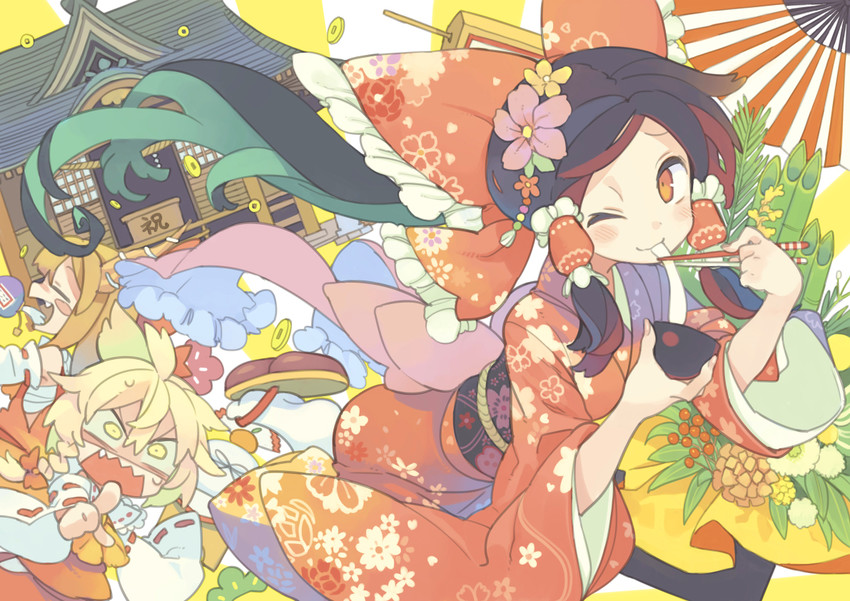 hakurei reimu, kirisame marisa, and ibuki suika (touhou) drawn by morino_hon