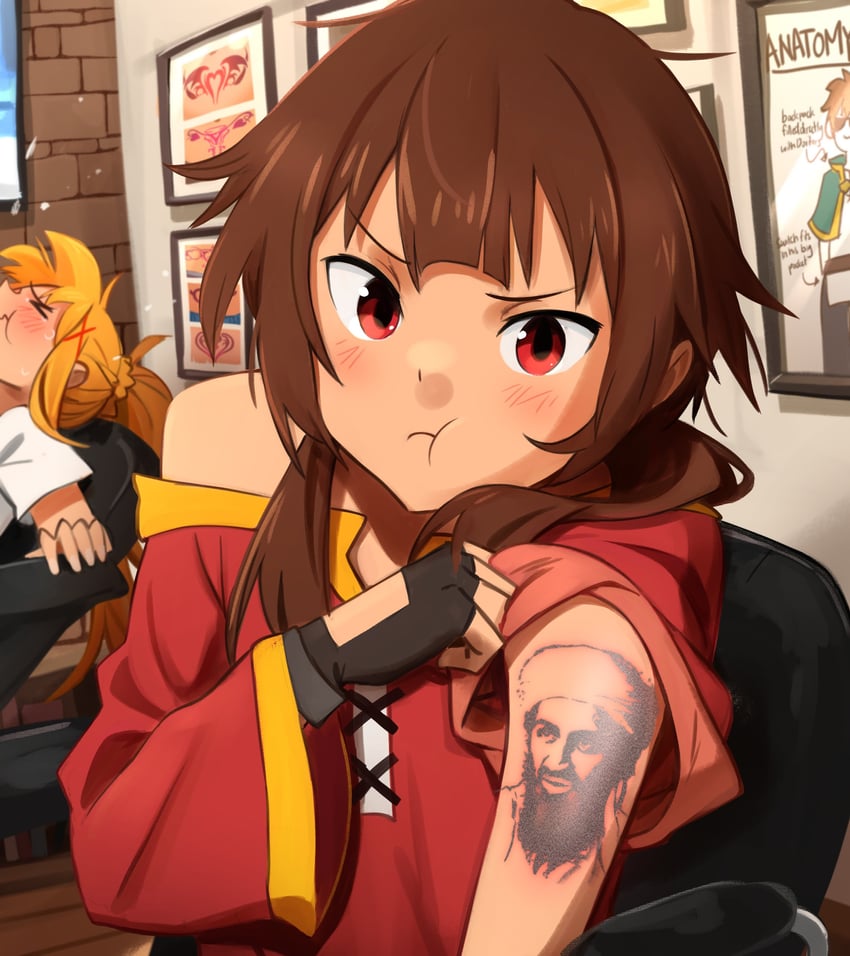 megumin, darkness, satou kazuma, and osama bin laden (kono subarashii sekai ni shukufuku wo!) drawn by khyle.