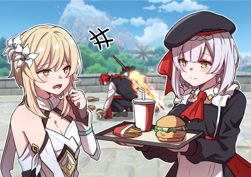 lumine, diluc, and noelle (genshin impact and 1 more) drawn by hayarob