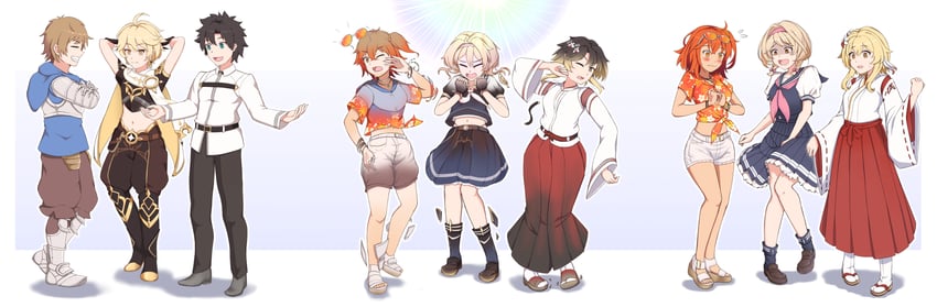 lumine, fujimaru ritsuka, aether, gran, and djeeta (fate and 3 more) drawn by unmeiyuu