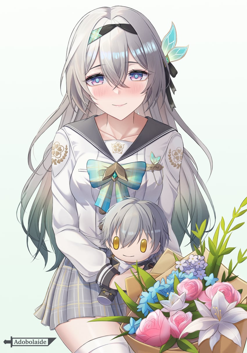 trailblazer, firefly, and caelus (honkai and 1 more) drawn by adobolaide