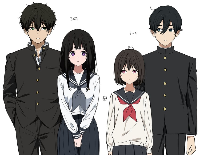chitanda eru, oreki houtarou, osanai yuki, and kobato jougorou (hyouka and 1 more) drawn by mery_(yangmalgage)