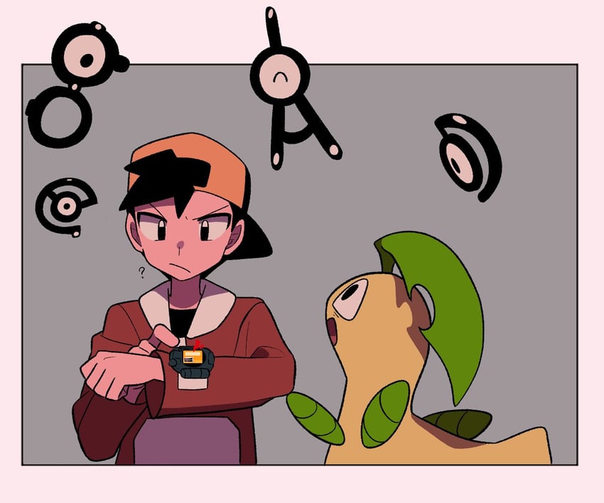 ethan, unown, bayleef, unown a, unown c, and 2 more (pokemon and 1 more) drawn by tyako_089