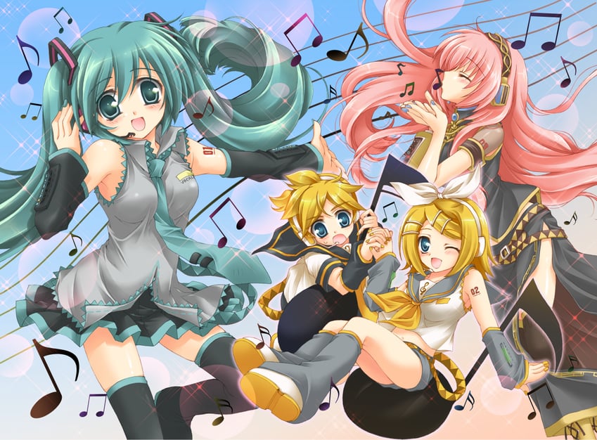 hatsune miku, kagamine rin, kagamine len, and megurine luka (vocaloid) drawn by yano_yoshinori
