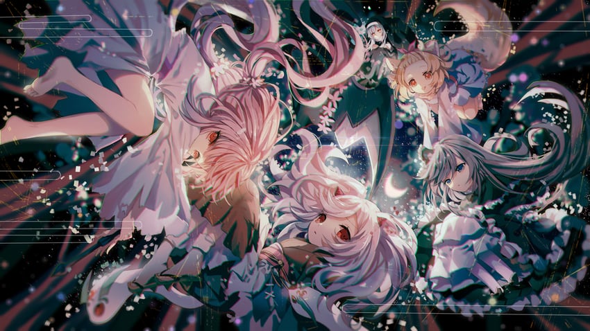 ash blossom & joyous spring, ghost ogre & snow rabbit, ghost belle & haunted mansion, ghost sister & spooky dogwood, and ghost reaper & winter cherries (yu-gi-oh!) drawn by yasato