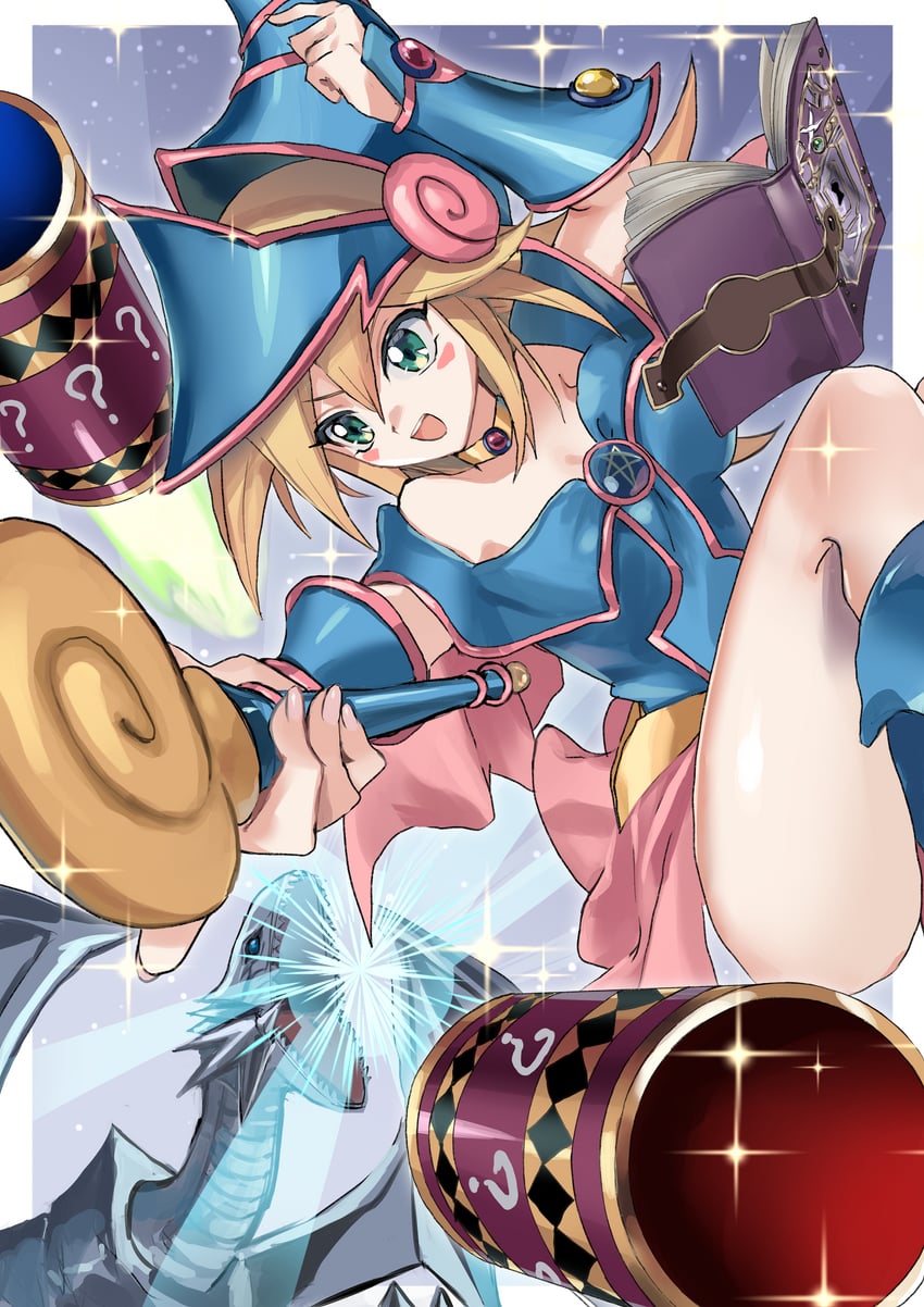 dark magician girl, blue-eyes white dragon, burst stream of destruction, and magic cylinder (yu-gi-oh!) drawn by nataro_1116
