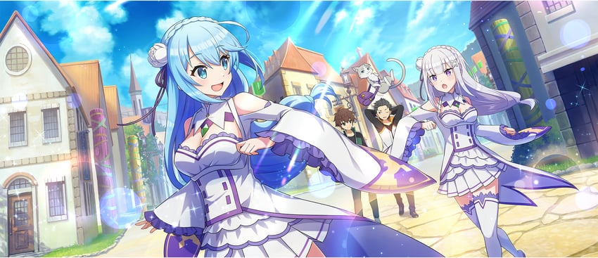 aqua, emilia, satou kazuma, natsuki subaru, and puck (kono subarashii sekai ni shukufuku wo! and 2 more)