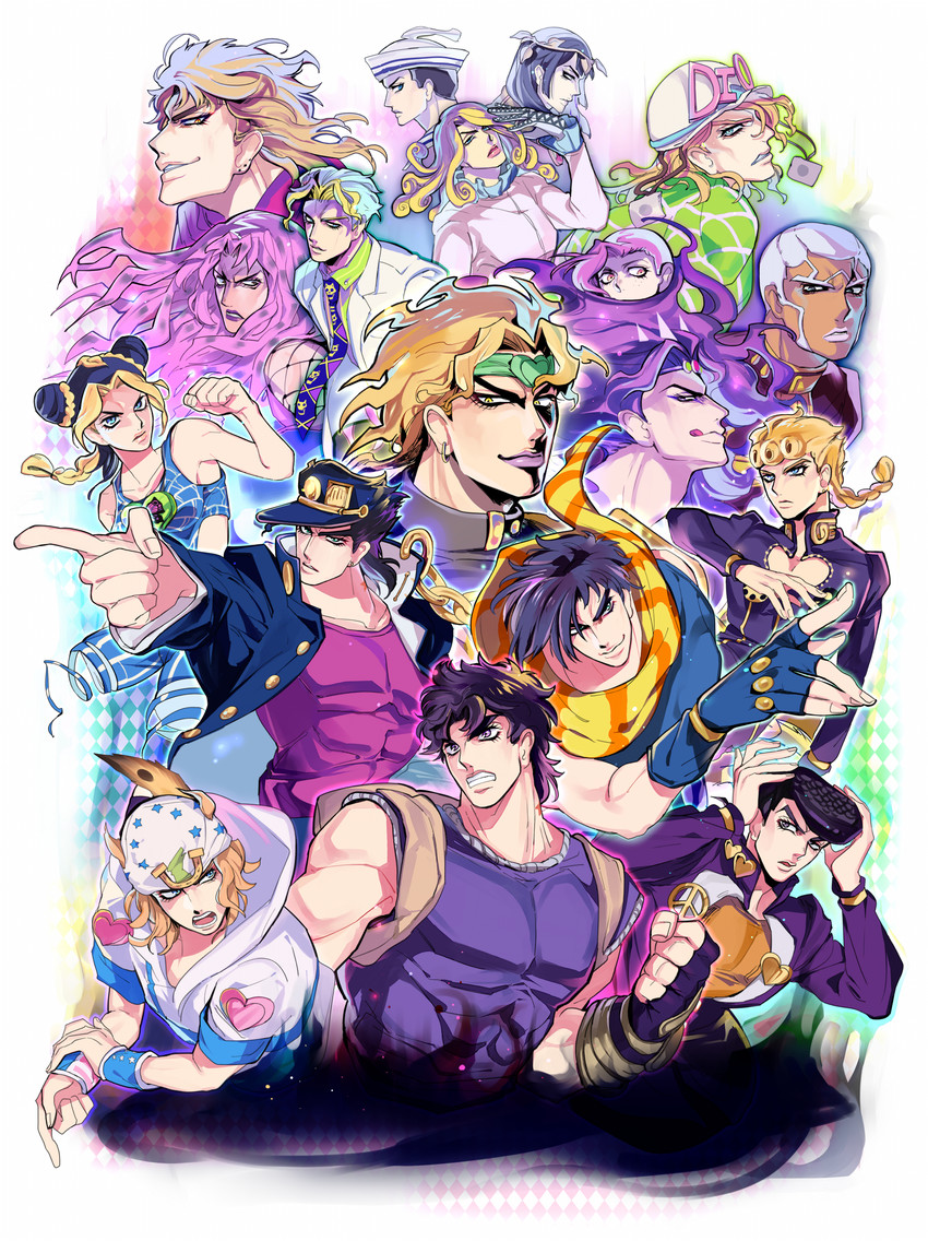 joseph joestar, kujo jotaro, dio brando, caesar anthonio zeppeli, kujo jolyne, and 10 more (jojo no kimyou na bouken and 8 more) drawn by mapi