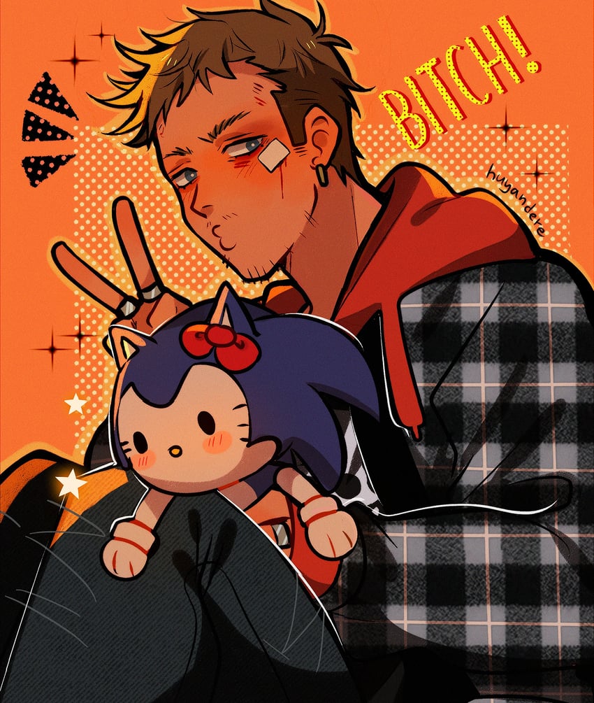 sonic the hedgehog, hello kitty, and jesse pinkman (sonic and 3 more) drawn by huyandere