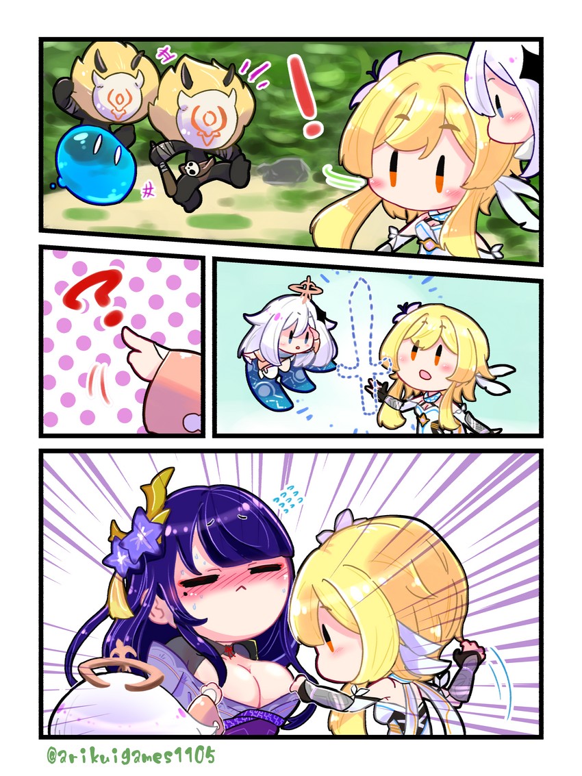 lumine, raiden shogun, paimon, slime, and hilichurl (genshin impact) drawn by arikuigames1105