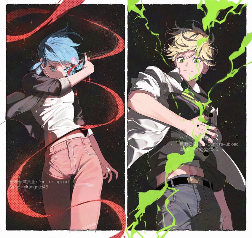 marinette dupain-cheng and adrien agreste (miraculous ladybug) drawn by seio_(nao_miragggcc45)