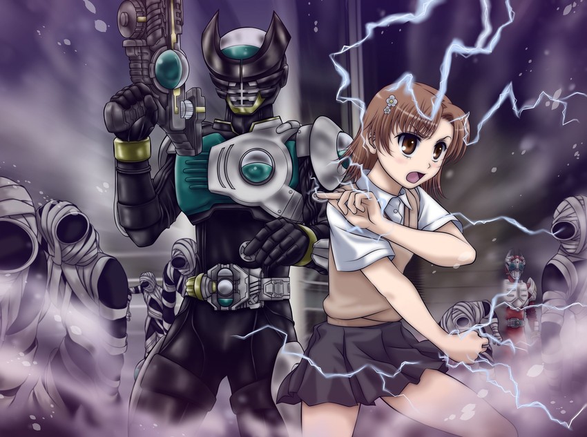 misaka mikoto, kamen rider garren, and kamen rider birth (toaru majutsu no index and 3 more) drawn by tarisa