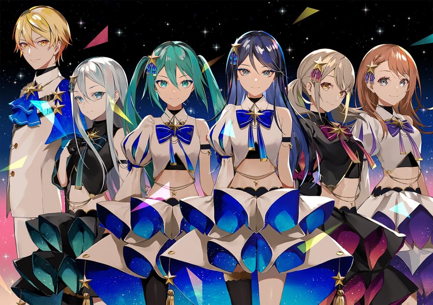 hatsune miku, yoisaki kanade, tenma tsukasa, azusawa kohane, hanasato minori, and 1 more (vocaloid and 1 more) drawn by lam_(ramdayo)