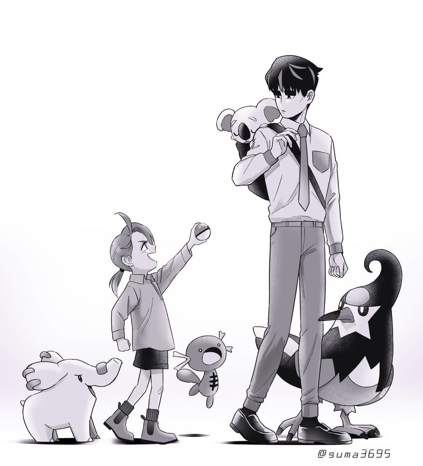 rika, larry, paldean wooper, phanpy, komala, and 1 more (pokemon and 1 more) drawn by suma3695