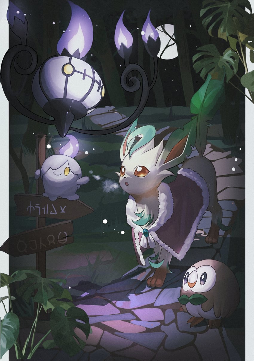 rowlet, leafeon, litwick, and chandelure (pokemon) drawn by reo_(mmocc123)