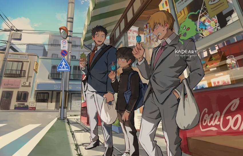kageyama shigeo, reigen arataka, ekubo, and serizawa katsuya (mob psycho 100 and 1 more) drawn by kadeart