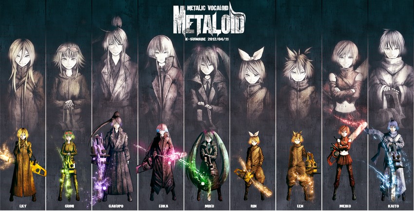 hatsune miku, kagamine rin, kagamine len, megurine luka, kaito, and 4 more (vocaloid) drawn by k-suwabe