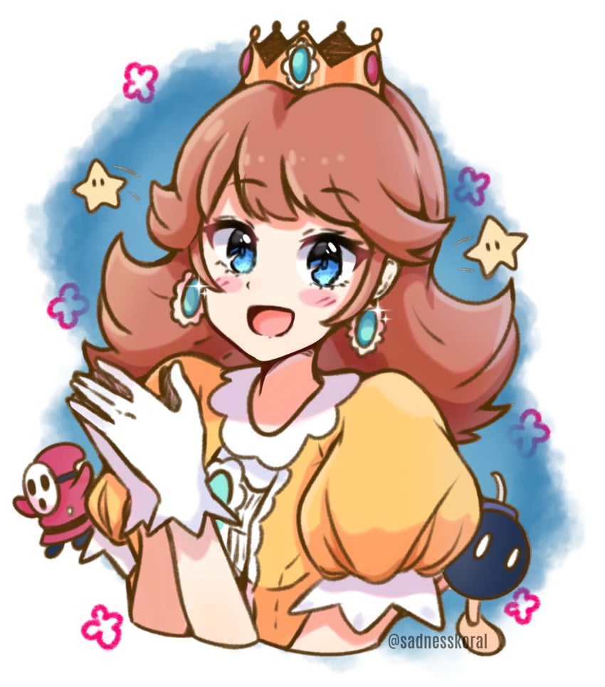 princess daisy, shy guy, and bob-omb (mario) drawn by sadnesskoral