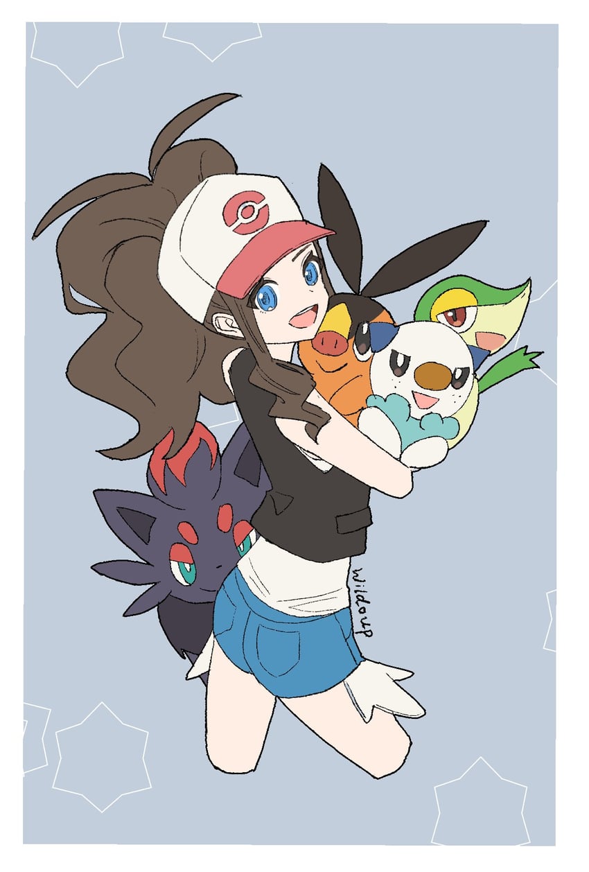 hilda, oshawott, snivy, tepig, and zorua (pokemon and 1 more) drawn by wildou_p