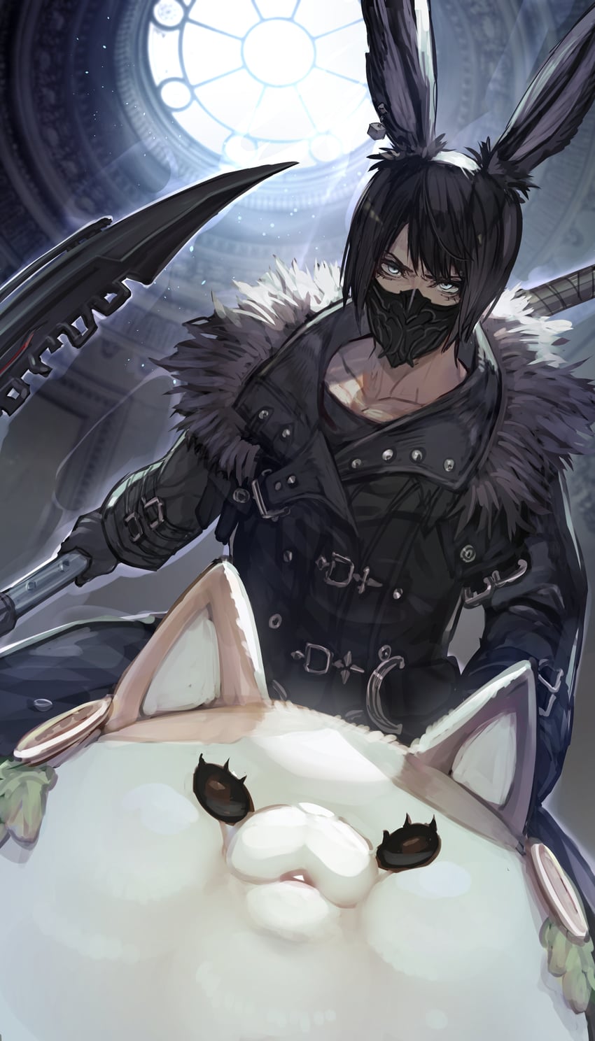 warrior of light and fat cat (final fantasy and 1 more) drawn by hide_(hideout)