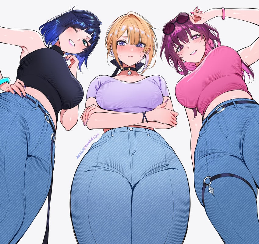 kafka, yelan, and evelyn chevalier (genshin impact and 4 more) drawn by qiandaiyiyu