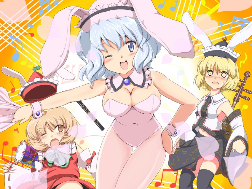 hakurei reimu, kochiya sanae, lunasa prismriver, merlin prismriver, and lyrica prismriver (touhou) drawn by flx