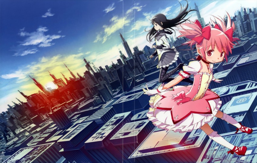 akemi homura and kaname madoka (mahou shoujo madoka magica) drawn by kishida_takahiro
